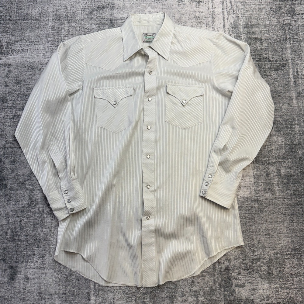 VTG H Bar C Shirt Mens 15.5 Silver Shiny Metallic Striped Pearl‎ Snap Western